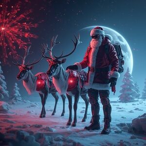 HANDCRAFTED Digital art print Santa and Reindeer Nighttime Holiday Display print